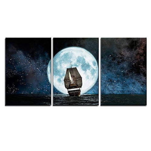 wall26 - 3 Piece Canvas Wall Art - Moon, Boat and Reflection in The Water - Modern Home Art Stretched and Framed Ready to Hang - 24"x36"x3 Panels