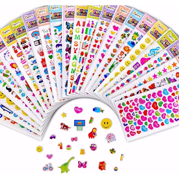 POUR PLACE 1650 Puffy Stickers for Kids, 40 Sheets with Animals, Dinosaurs, Vehicles, Letters, Numbers, Sports, Hearts and Stars, Party Favors, Reward Chart Classroom Supplies