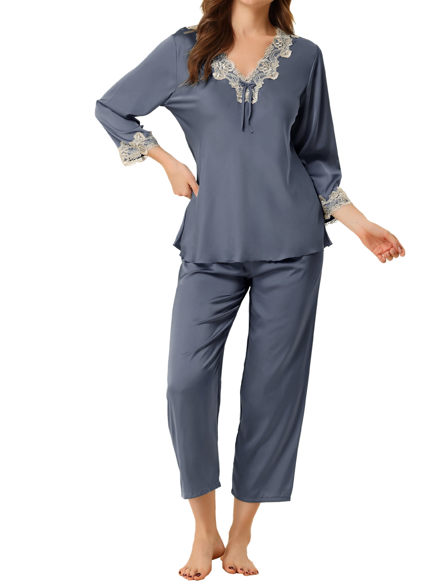Unique Bargains Women’s Satin Pajama Lace Trim Night Suit Lounge Sleepwear Sets