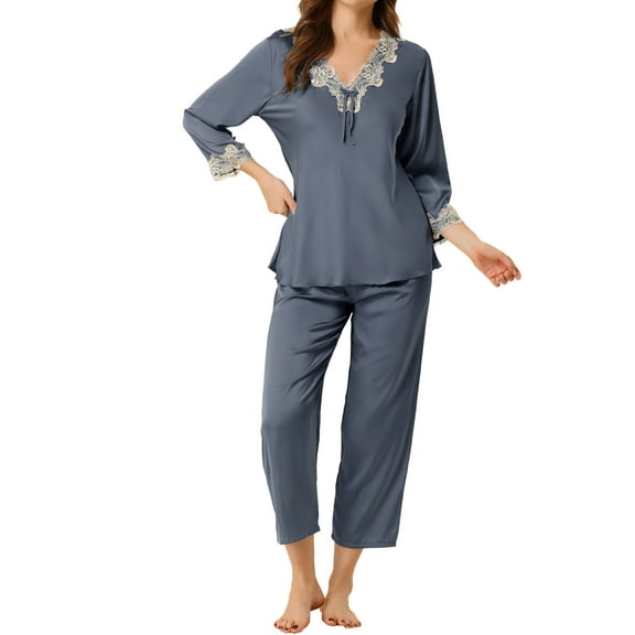 INSPIRE CHIC Women's Satin Sleepwear Night Suit V Neck Lace Nightwear Lounge Pajama Set S Dark Grey