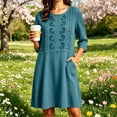 thumbnail image 2 of SETOOFF Women Round Neck 3/4 Sleeve Embroidered Shift Dress Loose A Line Short Dress with Side Pockets Casual Summer Beach Travel Weekend Shopping Outdoor Vacation Daily Outfits, 2 of 6