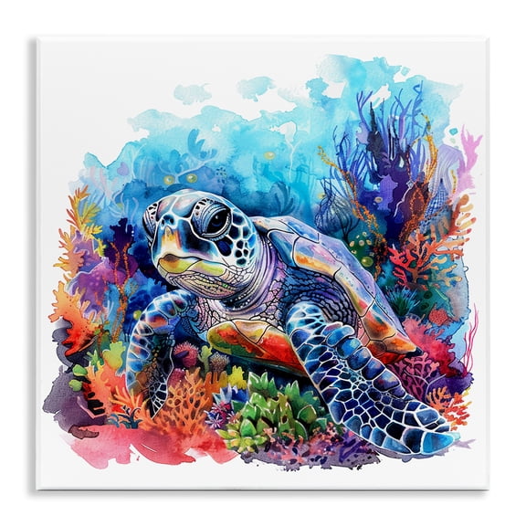 Stupell Industries Undersea Turtle & Coral Animals Painting Unframed Art Print Wall Art, 12 x 12