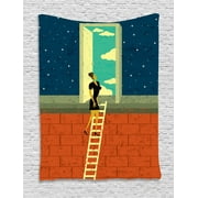 Retro Tapestry, Young Woman Climbing the Ladder Day in the Night Surreal Artwork with Distressed Look, Wall Hanging for Bedroom Living Room Dorm Decor, 60W X 80L Inches, Multicolor, by Ambesonne