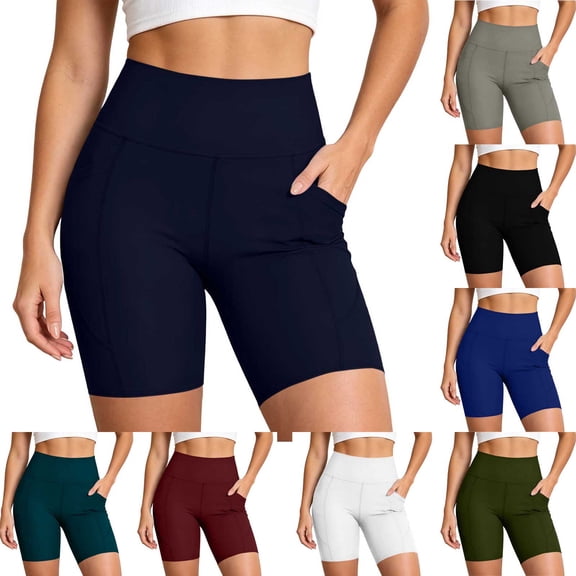 HAOTAGS Women’s High-Waisted Yoga Shorts with Tummy Control Lightweight Moisture-Wicking Running and Exercise Short with Side Pocket Navy Size M