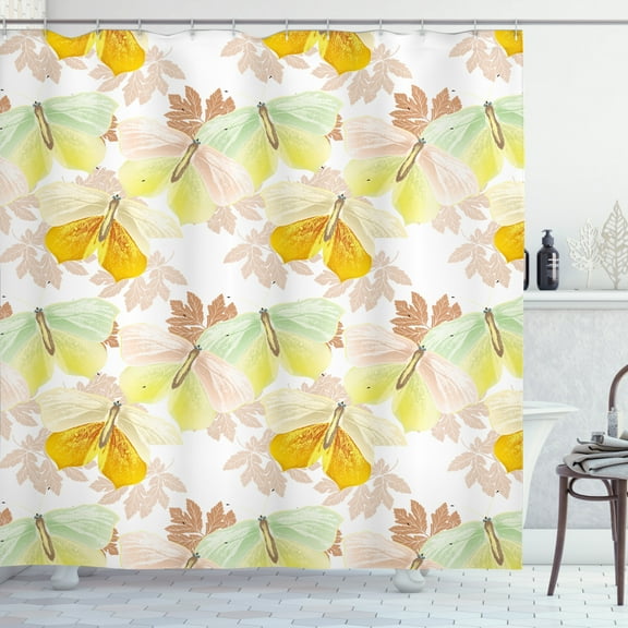 Pastel Shower Curtain, Continuous Style Delicate Butterflies and Autumn Leaves Colored in Tender Tones, Fabric Bathroom Set with Hooks, 69W X 70L Inches, Multicolor, by Ambesonne