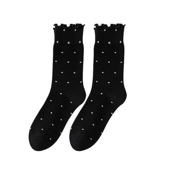 VONCOS Womens Ruffled Crew Socks Black Polka Dot, Vintage Style Soft Nylon Spandex Socks, Seamless Toe Everyday Comfort Socks for Women,Size Free Size