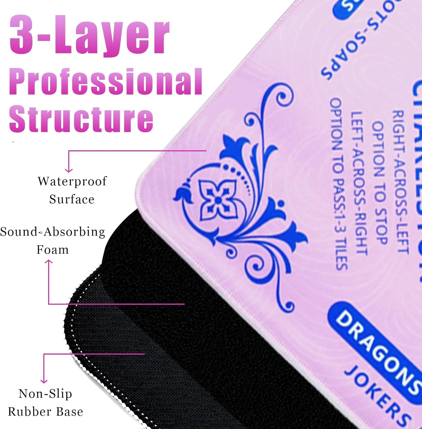 Cyfie Mahjong Mat for Table 32.5x32.5 Inch, 3mm Thick Anti-Slip Noise Reduction Mahjong Mat with Rules, Waterproof Game Mats for Poker, Board Games, Cards & Dominoes (Pink)