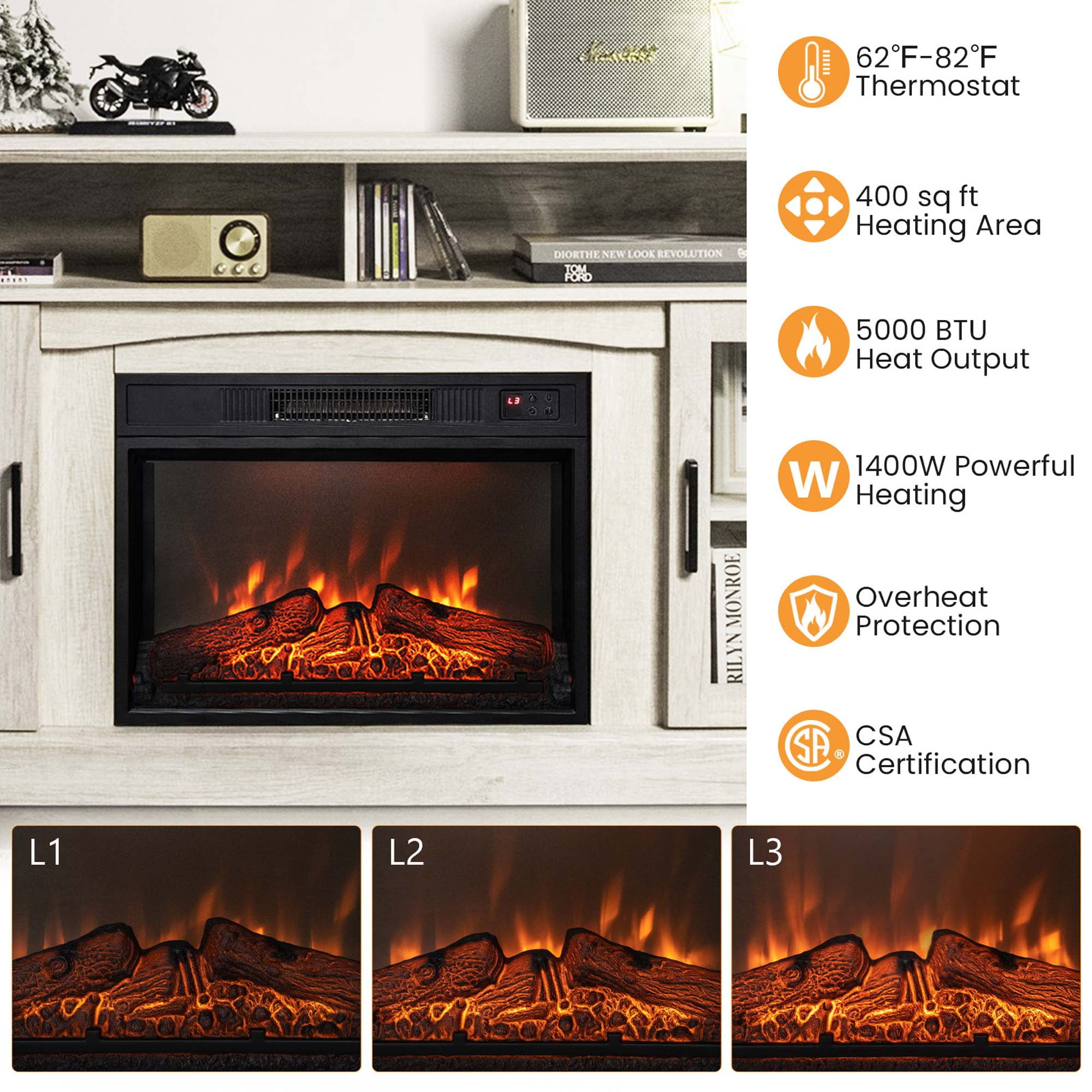 Costway 58" Fireplace TV Stand W/ 1400W Electric Fireplace for TVs up to 65 Inches Grey