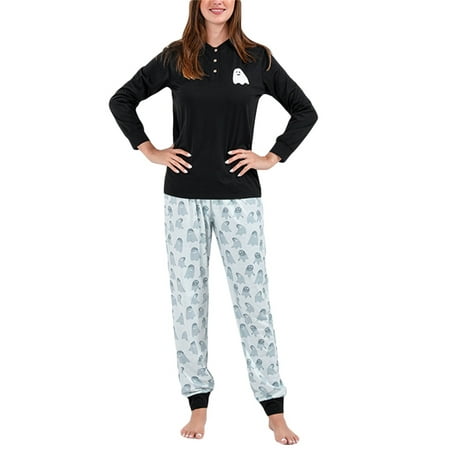 

sdghg Parent-Child Pajama Set Halloween Ghost Print Long Sleeve Tops + High Waist Pants / Baby Romper