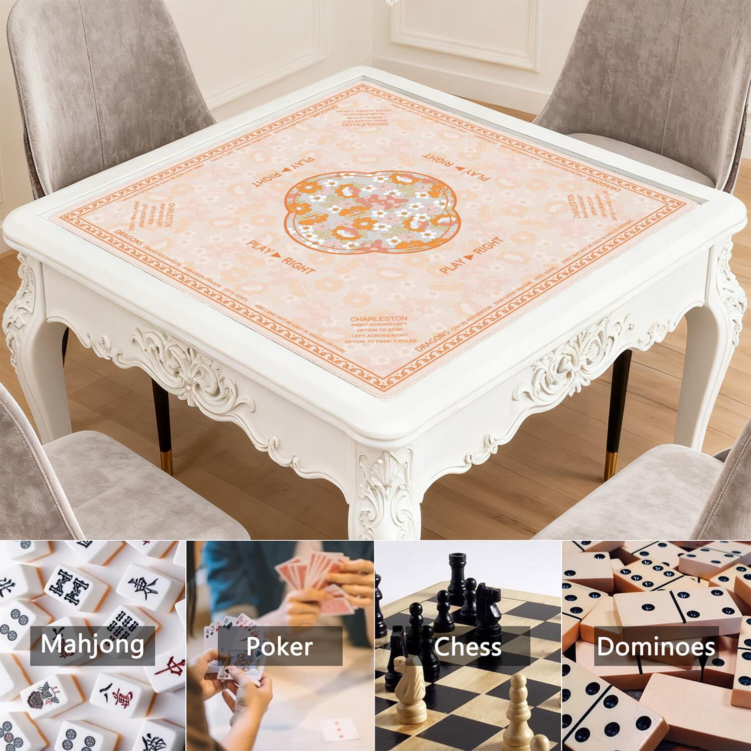 Floral Mahjong Mat with Rules, 31.5*31.5in Anti Slip American Mahjong Mat for Table, Noise Reduction, Neoprene Mah jongg Mats with Carrying Bag & 3 Dices, Mahjong Supplies Gift, Board Tile Games Mats