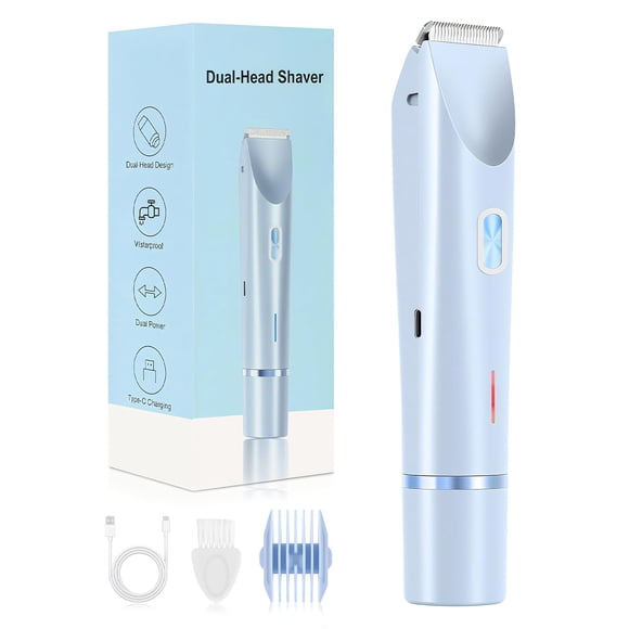 Dermave Bikini Shaver 2.0 Recortadora de bikini eléctrica de doble cabezal para mujer 2 en 1 Afeitadora impermeable en seco y húmedo Glow Aura para mujer para cara, piernas, axilas (azul)