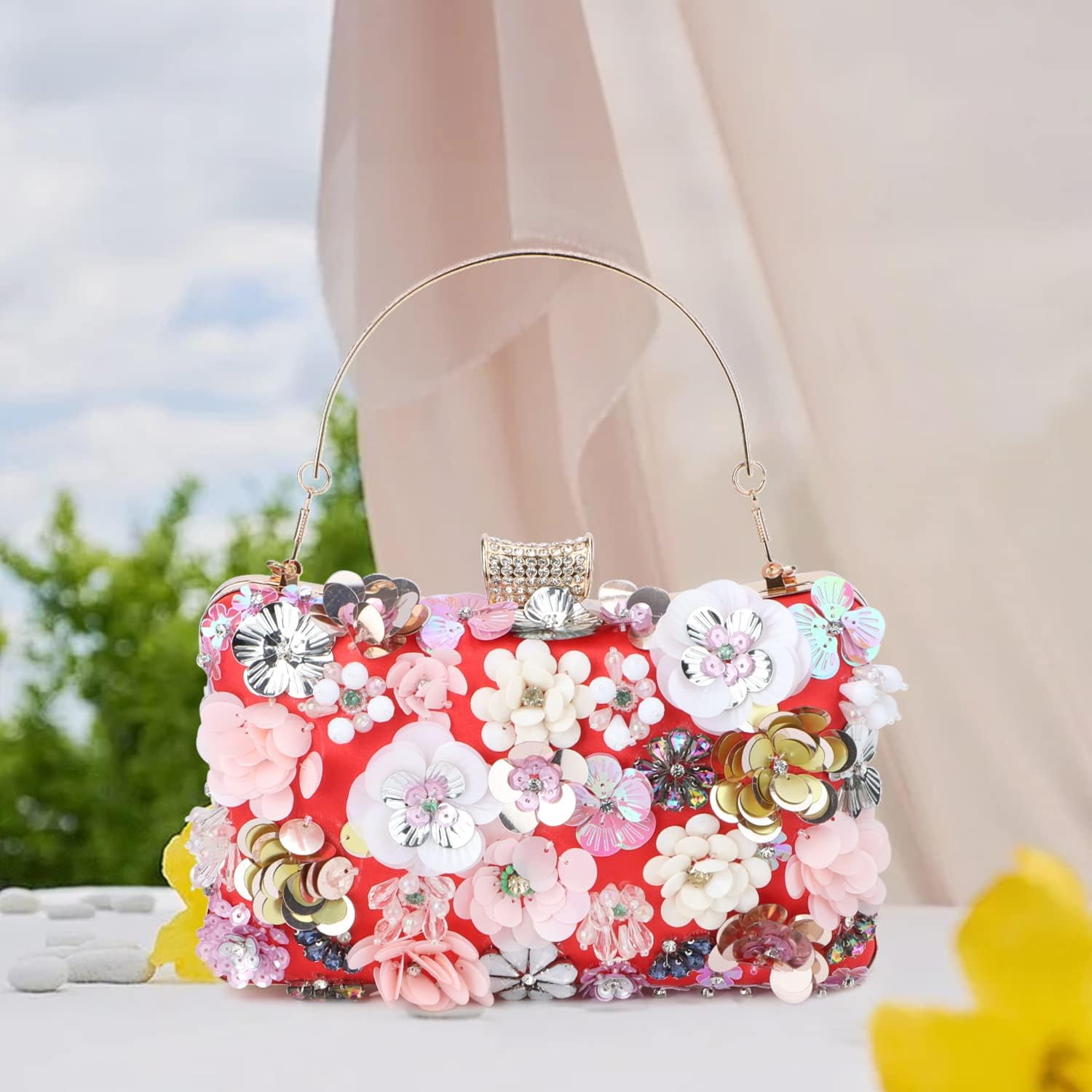 Women Elegance Floral Evening Clutch Purse Bags Flowers Beads Wedding Tote Bags Bride Shoulder Handbags