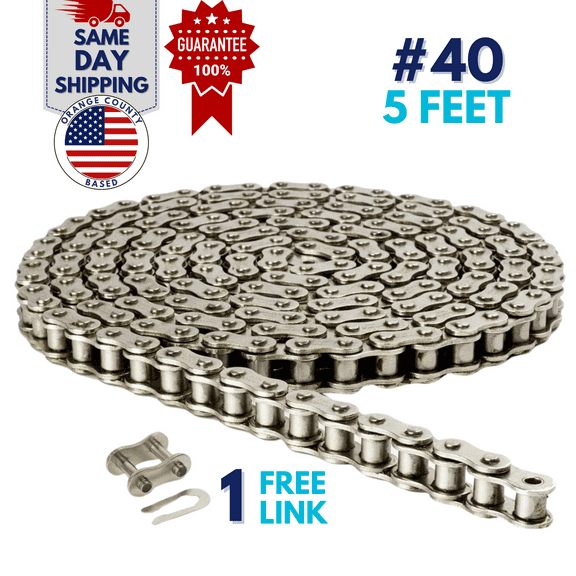 Jeremywell 40NP Nickel Plated Roller Chain 5 Feet with 1 Connecting Links, Heat Treated, Corrosion Resistant, Eliminates Stress Cracking, unwanted wear, and Easy Corrosion