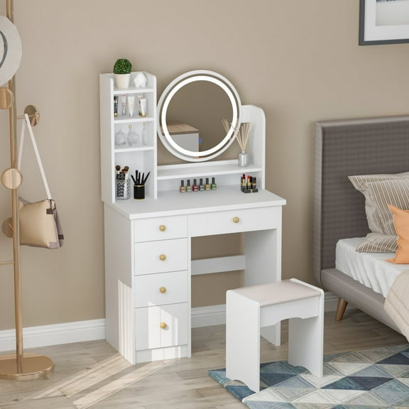 WIAWG Modern Vanity Set With Lighted Mirror Make up Table for Girls,White