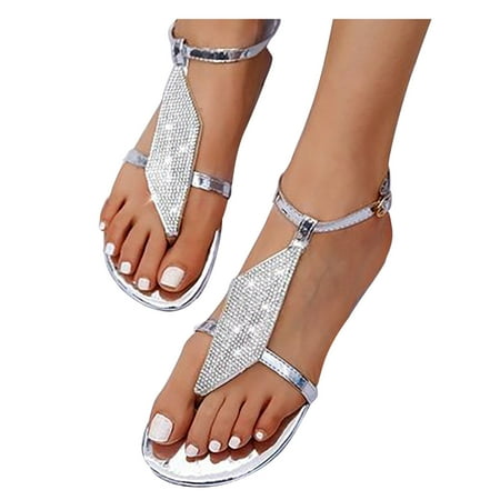 

YanHoo Women s Rhinestone Flat Sandals Wedding Dresssy Low Wedge Travel Flat Sandal Summer Shoes Cute Strappy Open Toe Flat Sandals