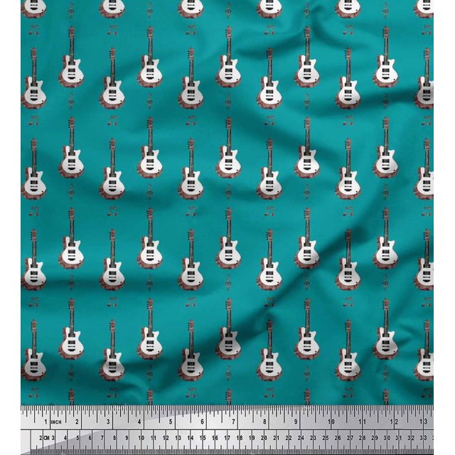 Soimoi Tissu Crêpe Polyester Notes & Guitare Instrument de Musique Tissu Imprimé 1 Yard 52 Pouces de Large