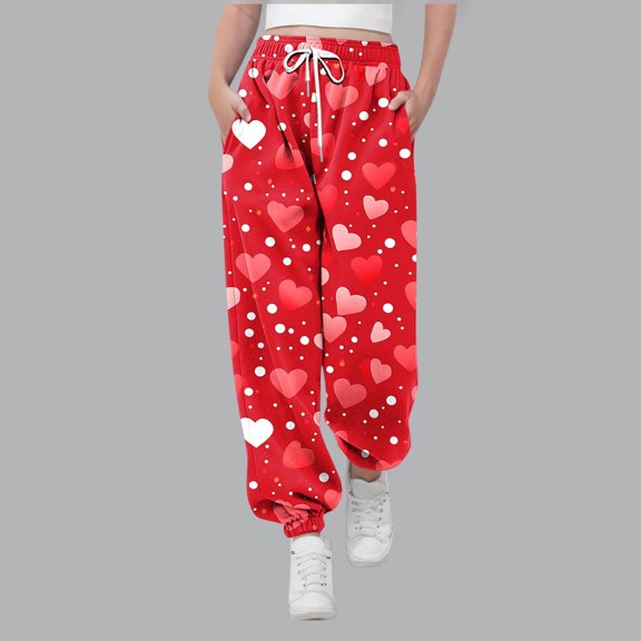 Girls Valentine's Day Jogger Pants, Multicolor Heart Dot Print, Soft Stretch Adjustable Waist Loungewear Pants for Girls 6-14,Size 3-4T