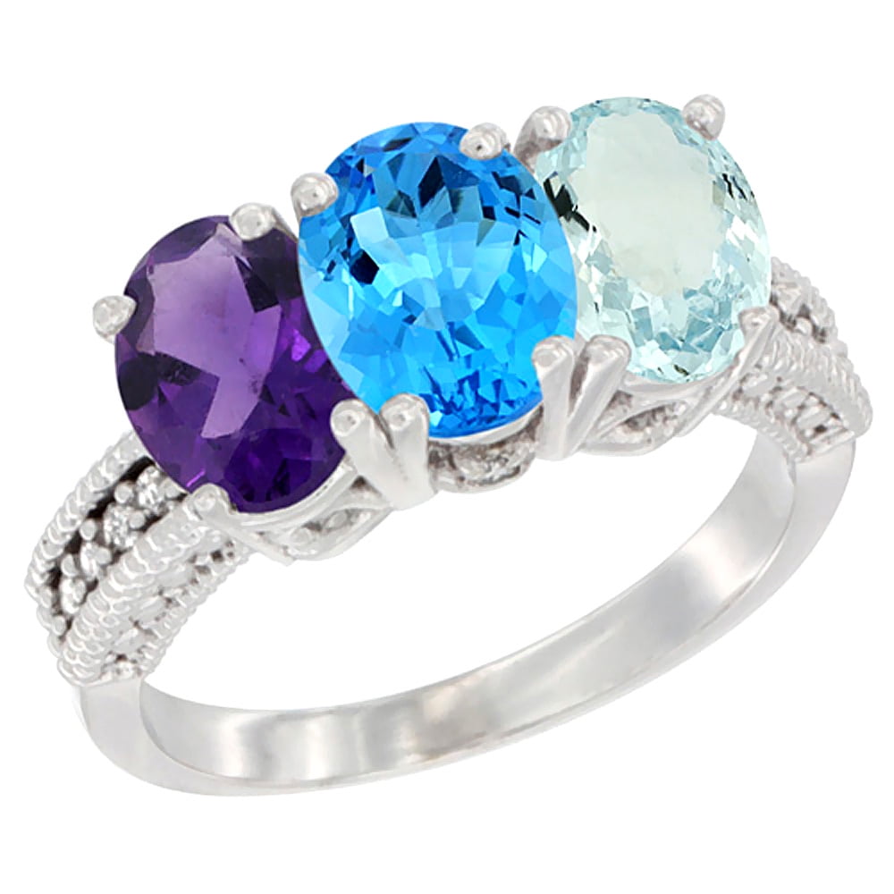 14K White Gold Natural Amethyst, Swiss Blue Topaz & Aquamarine Ring 3-Stone 7x5 mm Oval Diamond Accent, sizes 5 10 by WorldJewels