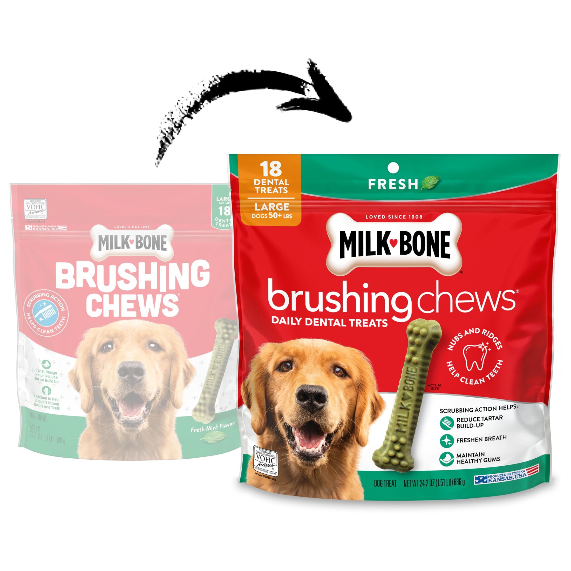 (2 pack) Milk Bone Brushing Chews Fresh Mint Flavor Daily Dental Dog Treats, Large, 24.2 oz Bag