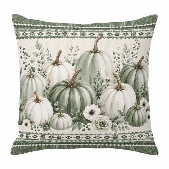 Throw Pillow Covers, Fall Green Pumpkins 16x16 Pillow Covers for Couch/Sofa/Bed, Thanksgiving Vintage Flowers Leaves Decorative Square Linen Cushion Pillowcase for Home Decor