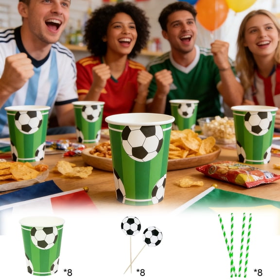 karymi 24 Pcs Soccer Themed Disposable Party Tableware Set with Paper Cups Straws Fruit Toothpicks for Indoor Outdoor Garden Celebrations Party Supplies Table Decorations Living Room Decor
