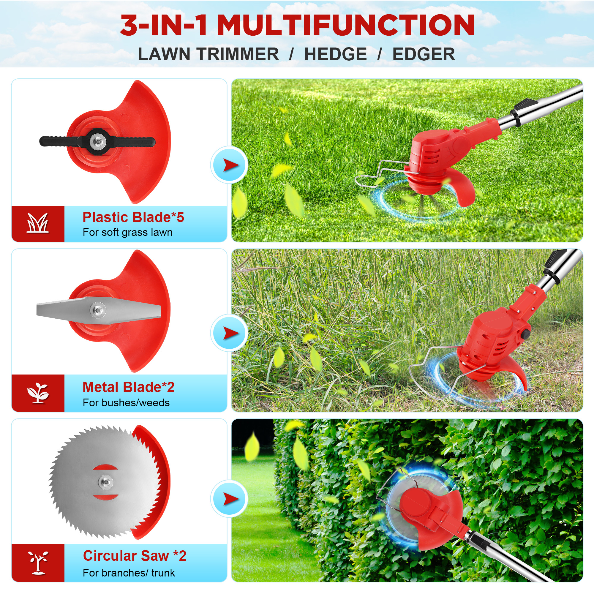 RELOIVE Weed Eater,Cordless Weed Trimmer,Electric Weed Wacker, with 2PCS 4000mAh Batteries and Charger, 6-in-1 String Trimmer with Wheels, 43.3''-53.1'' Adjustable for Garden Yard