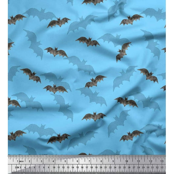 Soimoi Blue Cotton Duck Fabric Shadow & Bat Animal Print Fabric by the Yard 42 Inch Wide