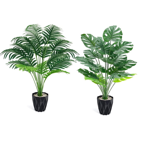 2 Pack Fake Palm Tree Large Artificial Monstera Plants Realistic Lifelike Faux Tropical Greenery for Indoor Home Outdoor Porch Balcony Garden Decor