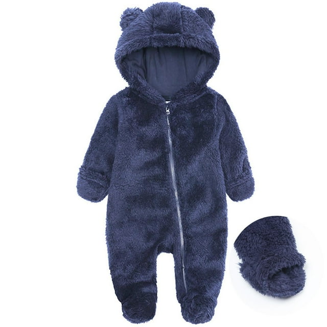 AherBiu Baby Clothes Newborn Infant Fleece Jumpsuits Solid Color Hooded Rompers Fall Winter Warm Thick Bodysuits