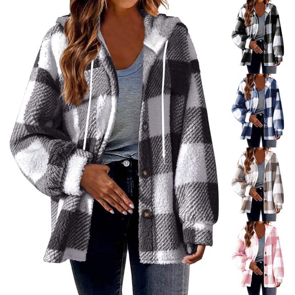yillto Womens Fuzzy Fleece Jacket Plaid Sherpa Coat Button down Hoodie Cardigan Outerwear with Pockets