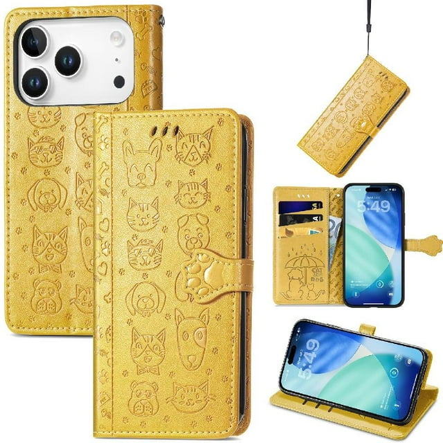 Funda Cartera FOXDOCK para iPhone 17 Pro Max , Flip PU con Relieve de Gatos y Perros, Tarjetero y Soporte