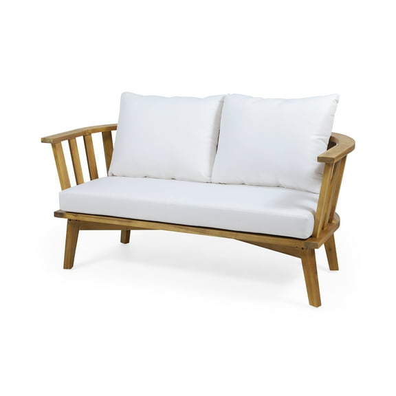 GDF Studio Lennon Outdoor Acacia Wood Loveseat with Cushions, White and Teak