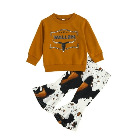 

Western Baby Girl Clothes Bell Bottom Outfit Cow Print Long Sleeve T-Shirt Top Flare Pants Set Cowgirl Outfits