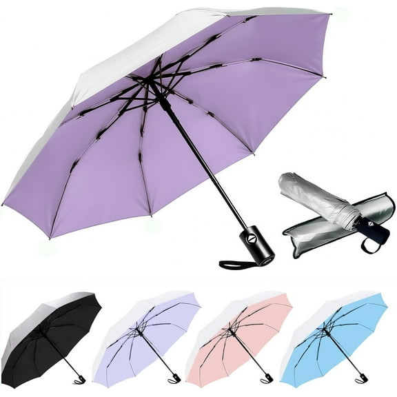 Compact Travel Umbrella - Windproof Auto Open/Close, Small Folding Umbrella for Rain - Lightweight & Durable with Fiberglass Frame, Waterproof Canopy - Fits Backpack, Purse, Suitcase. (Black)