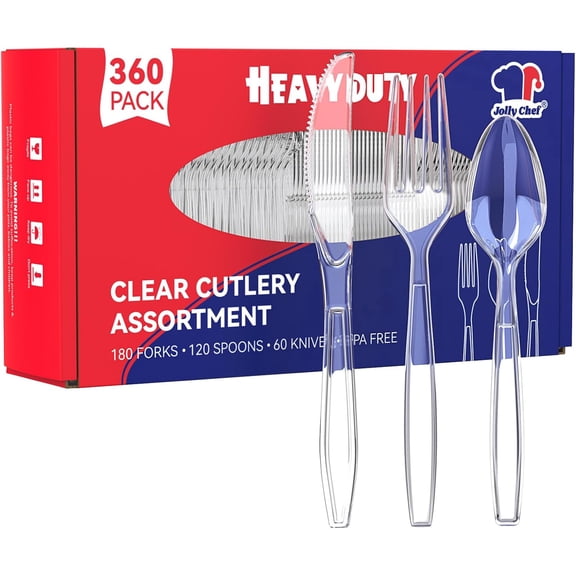 360 Count Heavy Duty Clear Plastic Silverware-180 Forks, 120 Spoons, 60 Knives, Heat Resistant Disposable Utensils Set, Clear Plastic Cutlery Set for Parties, Events, Everyday Use
