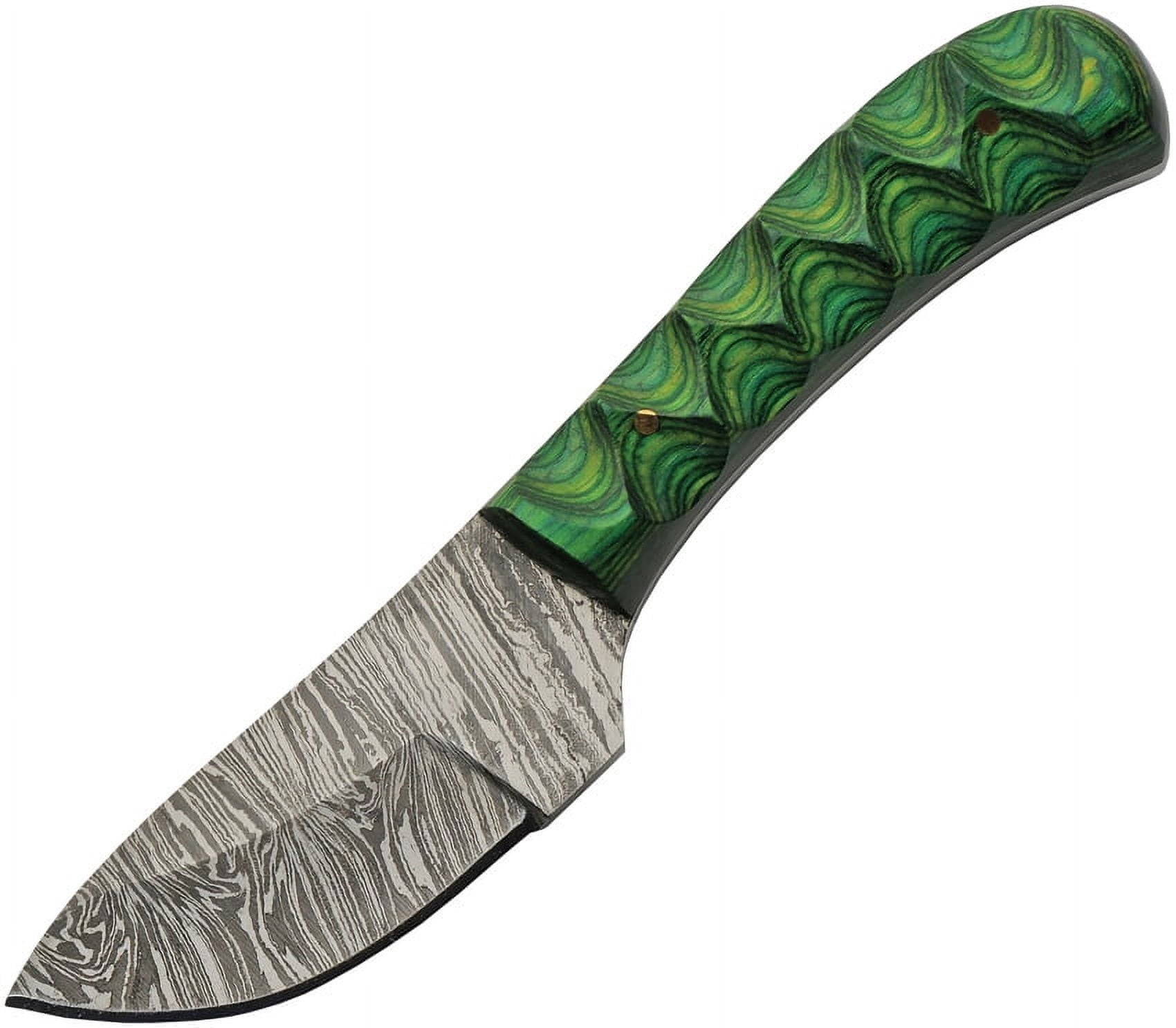 SANZ 6" Damascus Steel Outdoor Utility Knife with Green Pakkawood Handle and Leather Sheath