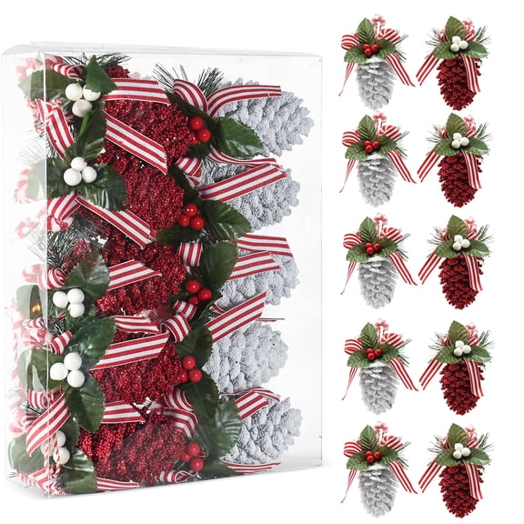 Ornativity Red and White Ornaments - Glitter Red and White Coated Pinecone Ornament with Realistic Holly Leaf and Red Cranberry Berries with Candy String Christmas Tree Decoration Set - Pack of 10