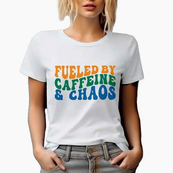 Funny Fueled by Caffeine & Chaos Quote, Groovy Retro Wavy Text Merch Gift, White T-Shirt, Small