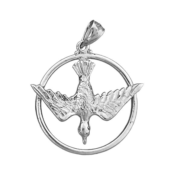Rhodium Plated 925 Sterling Silver Encircled Holy Spirit Dove Medallion