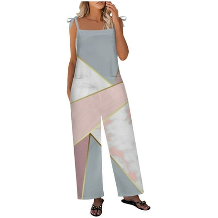 

Dyegold Jumpsuits for Women Casual Womens Rompers And Jumpsuits Geometric Print Color Block Casual Summer Bibs Long Pants Sleeveless Square Neck Rompers