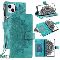 Feishell Zipper Wallet Case for iPhone 13,for Women Men,Stylish Embossed Pattern PU Leather Multi Card Slots Magnetic Clasp Flip Kickstand Crossbody Phone Case with Shoulder Strap,Green