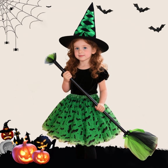 JCCXIN Child Toddler Girls Witch Halloween Outfits Dress-Up Party Clothes Bowknot Bat Graphic Tutu Skirt With Hat Broomstick 3 PC Set Trick Or Treat School Carnival Cute Outfit Sets,Green,6-8 Years