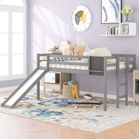 Loft Bed with Slide and Chalkboard  Twin Size Loft Bed Frame with Full-Length Guardrail and Ladder Solid Wood Loft Bed with 14 Slats Support & Underbed Storage for Kids No Box Spring Needed  Gray