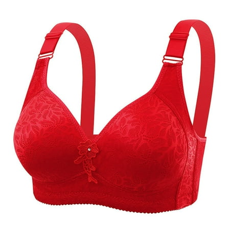 JSGEK Soft Regular Fit Plus Size Bra Wirefree Comfort Breathable without Steel Ring Gathering Bra Sexy Plunge Red 46BC Bra for Ladies