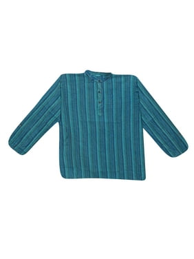 Mogul Bohemian Gypsy Chic Hippie Mens Blue Kurta Shirt Handloom Cotton Long Sleeves Stripes Tunic