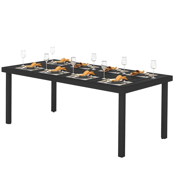 75" Outdoor Dining Table for 8, Rectangular Aluminum Patio Table with Faux Wood Top, Black
