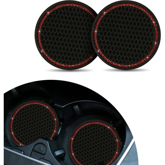 Pack-2 Bling Crystal Rhinestone Car Cup Holder Coaster, 2.75'' Non-Slip Insert Coaster Pad, Silicone Insulation Drink Mat Compatible with Most Cars and Trucks (Black & Red)