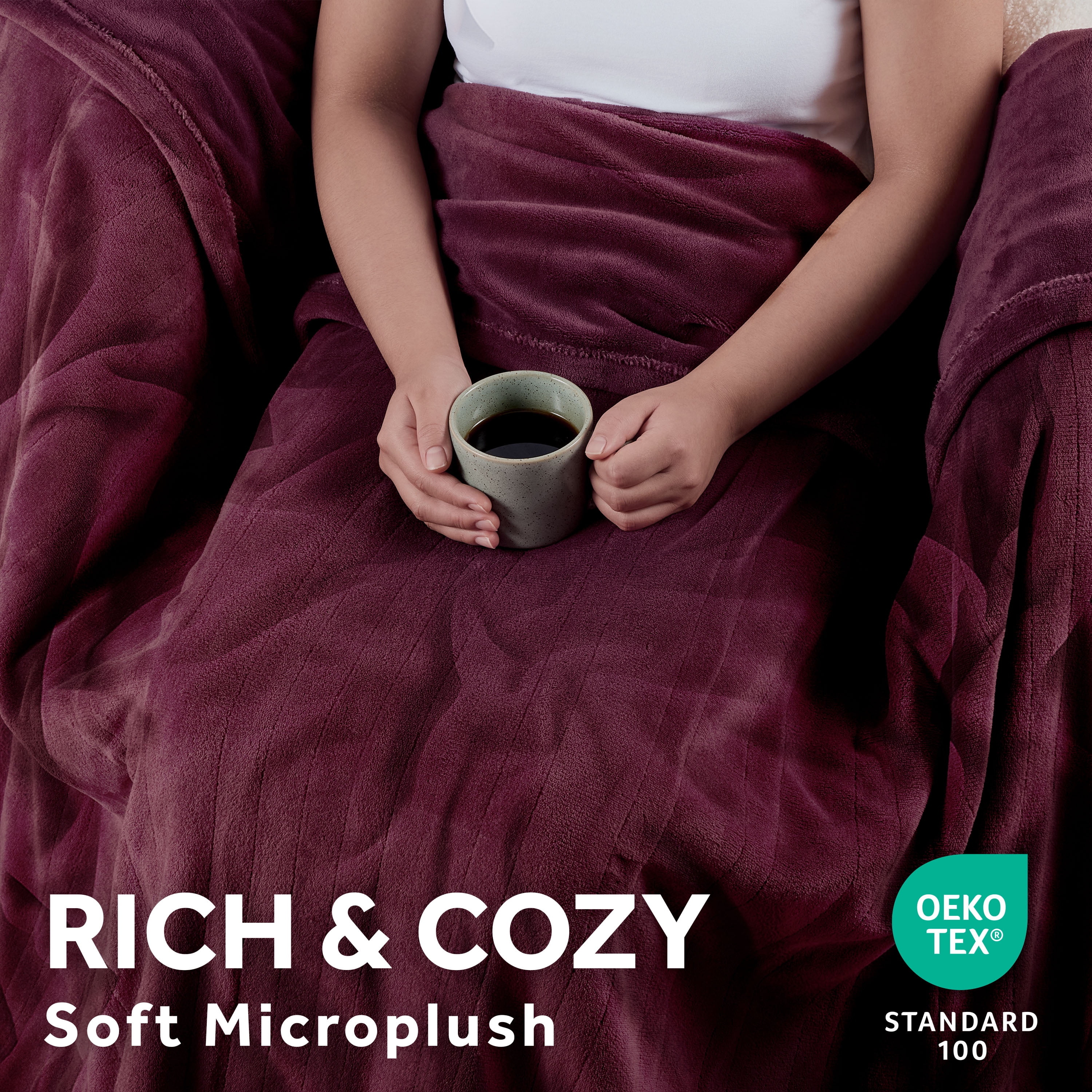 Sunbeam Heated Electric Oversized Microplush Throw Blanket, Merlot, 4 Heat Settings, 60 x 80 in