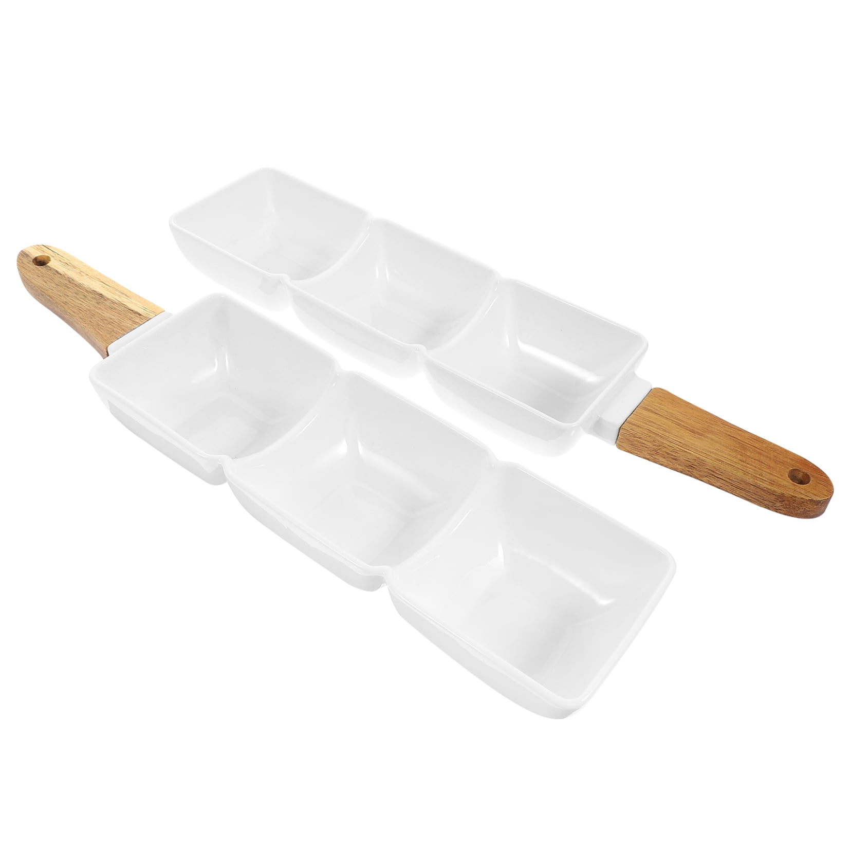Raindrops 2-Piece Three-Compartment Serving Bowl with Wooden Handle for Seasoning and Condiments