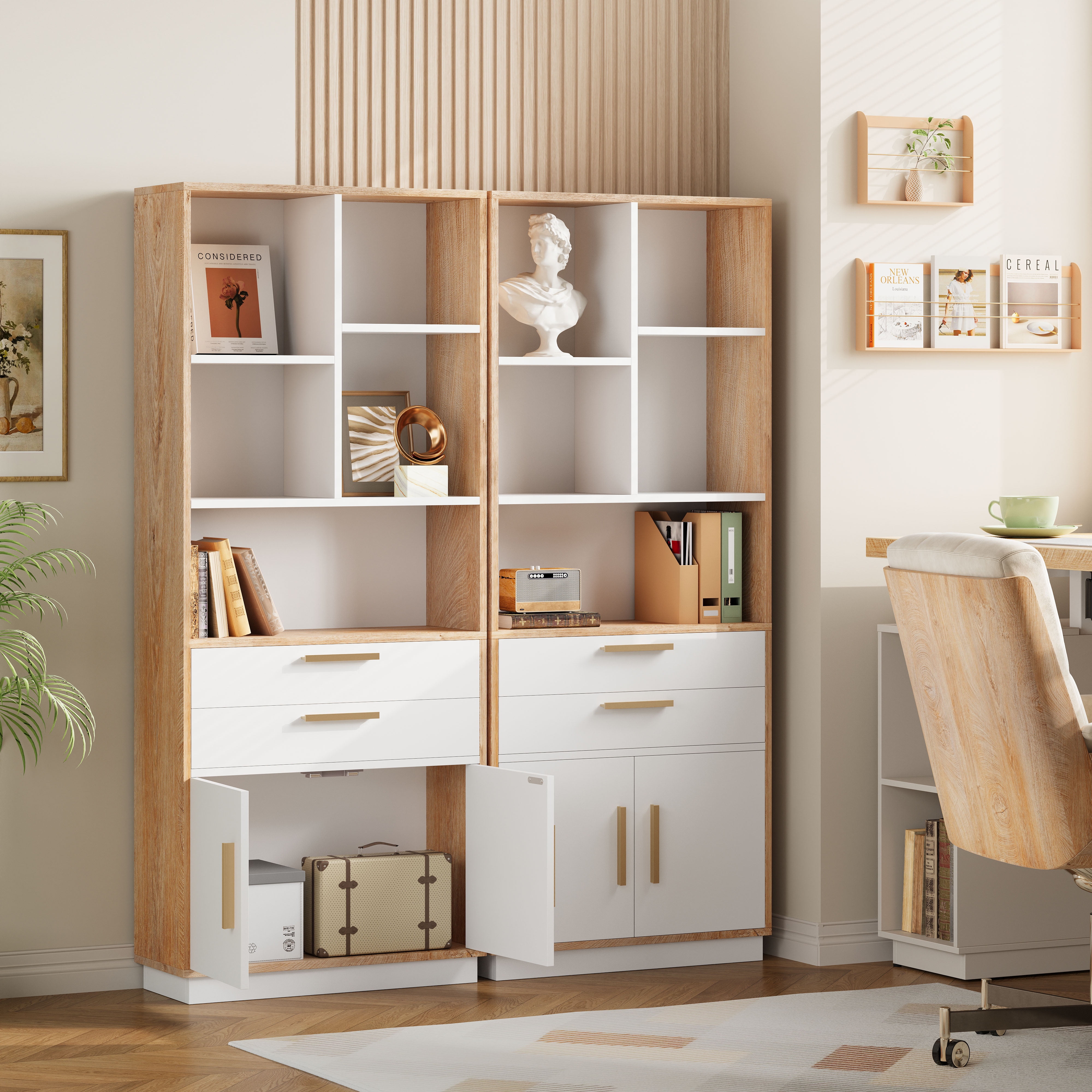 ModernMate 59" Tall Wooden Bookcase with 2 Drawers, Modern Bookshelf with Doors, 8 Open Storage Cubes, Storage Organizer Freestanding Rack for Living Room Home Office Study Room